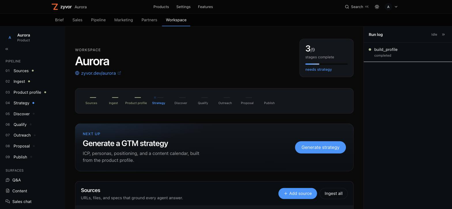 Aurora workspace: the nine-stage GTM pipeline with a live run log