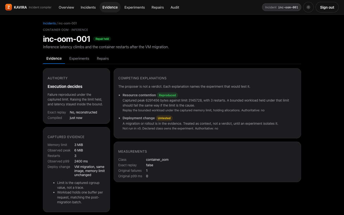 Evidence page in dark mode