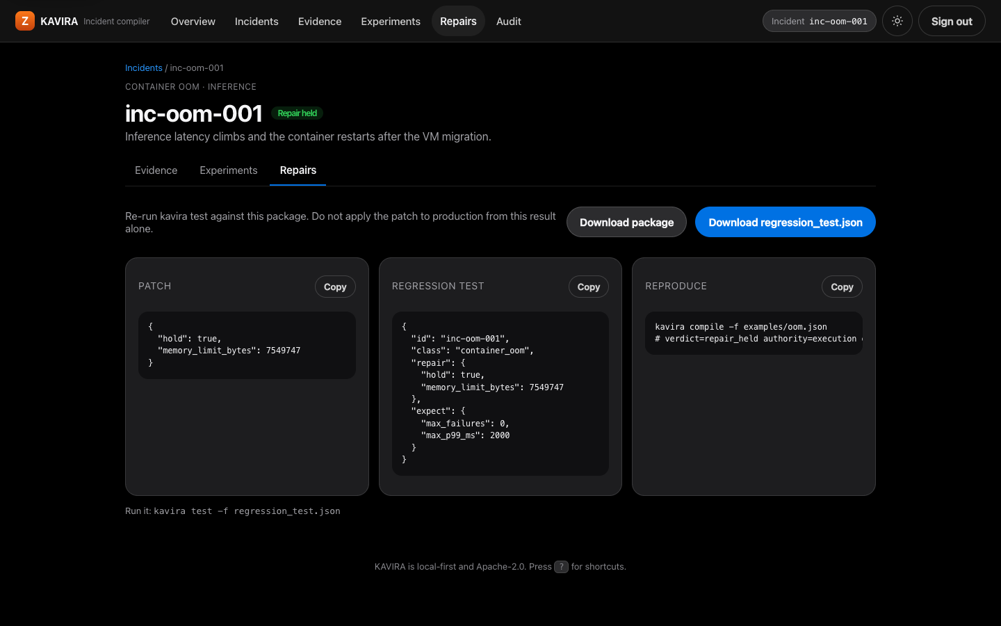 Repairs page with patch, regression test, and reproduce steps, dark