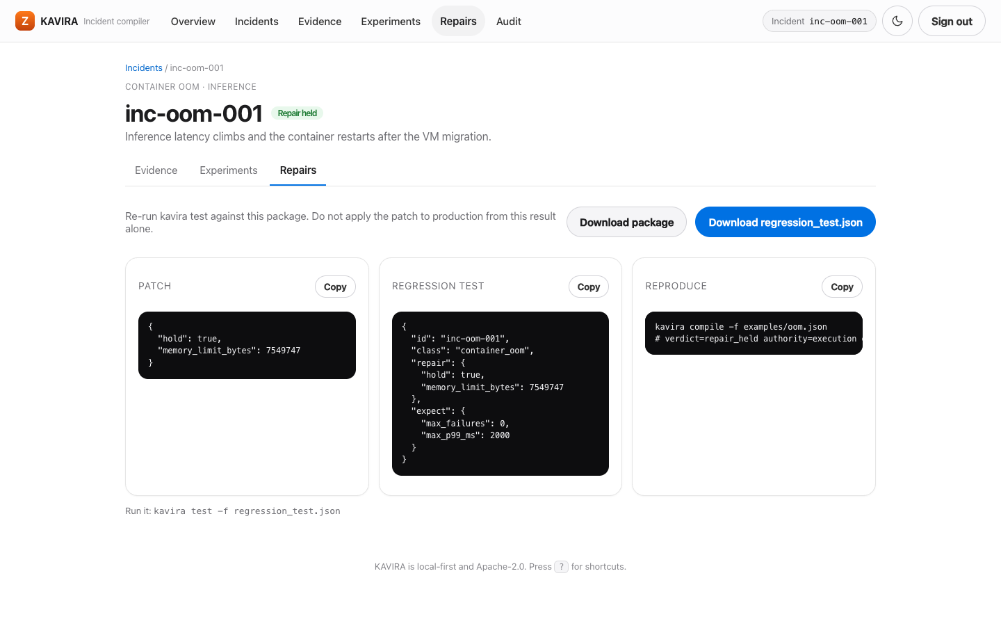 Repairs page with patch, regression test, and reproduce steps, light