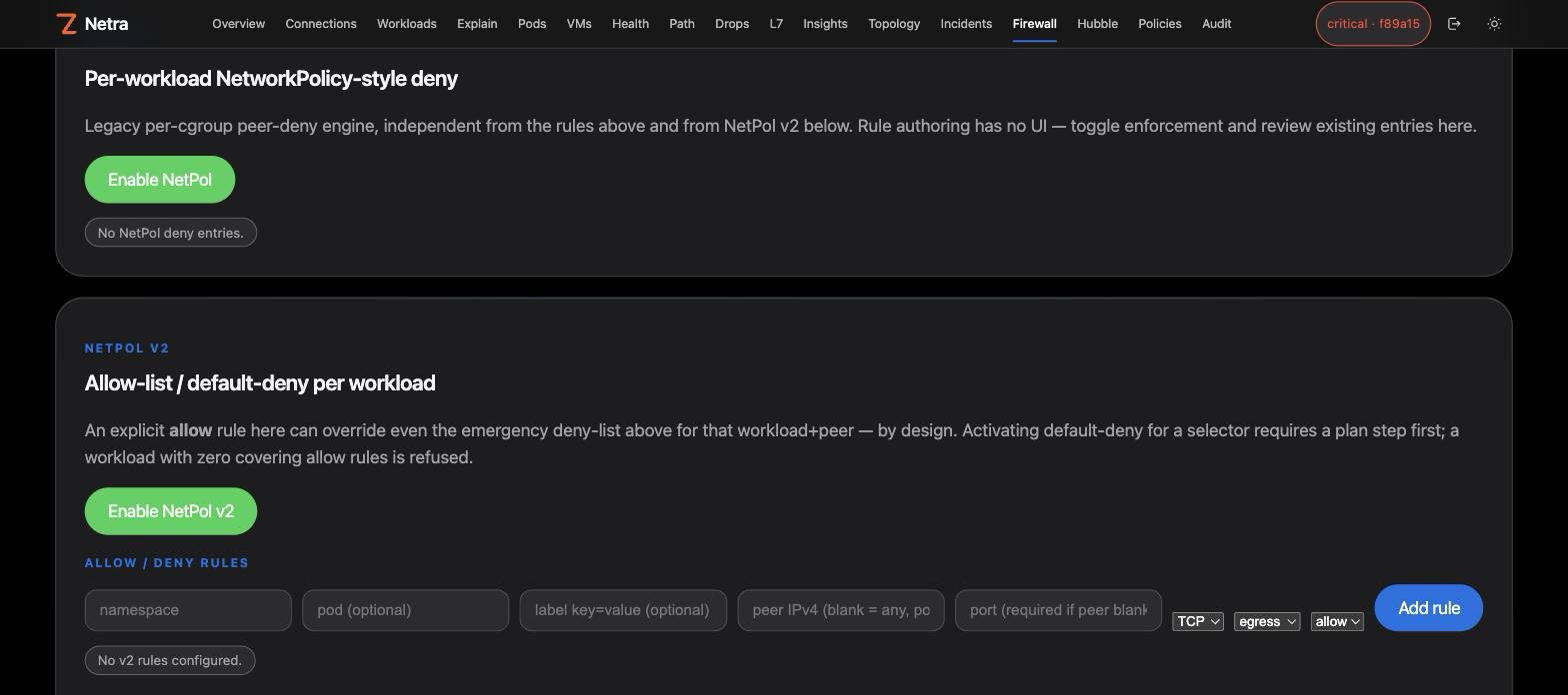 Firewall dashboard — unified rules, NetPol v2