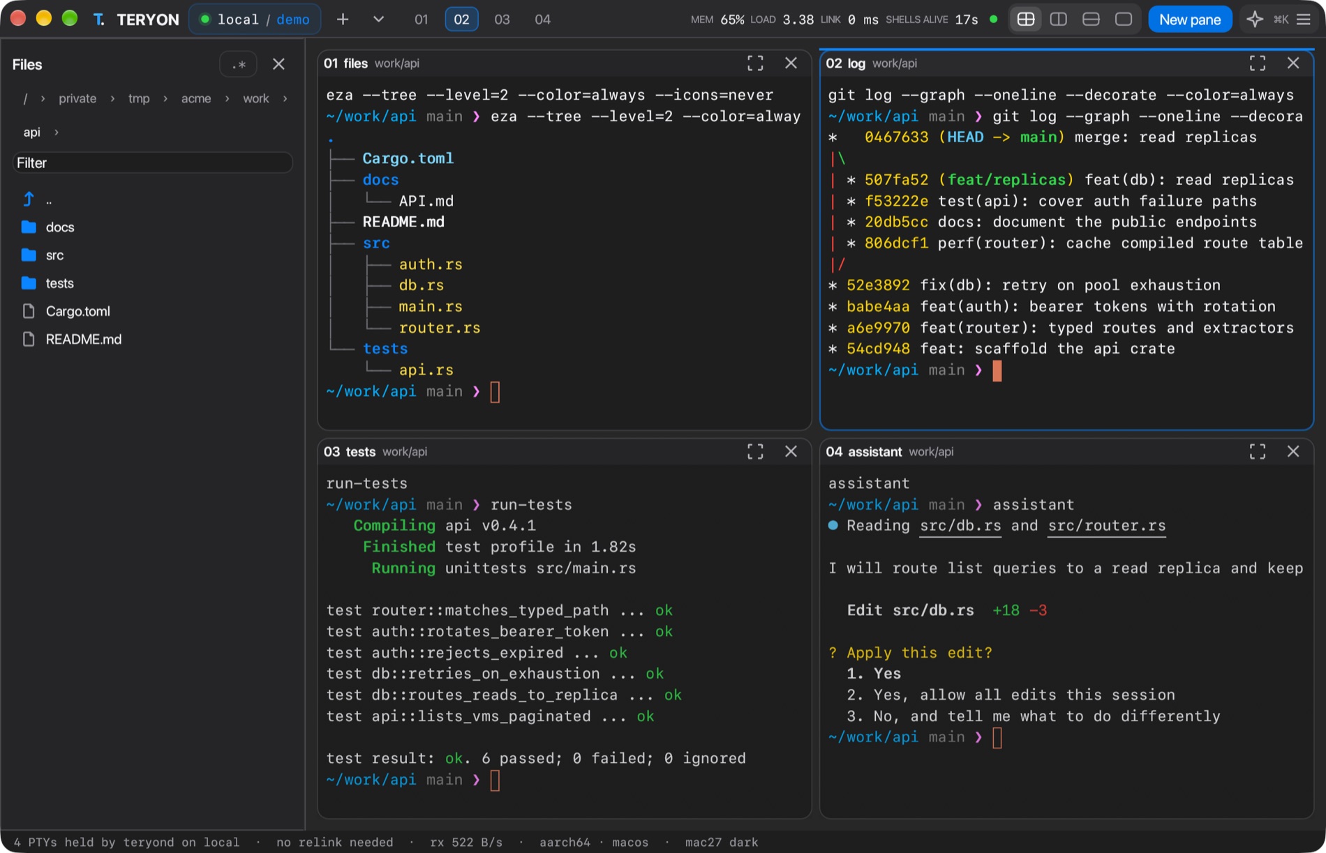 The TERYON file browser sidebar next to four panes, Mac27 Dark
