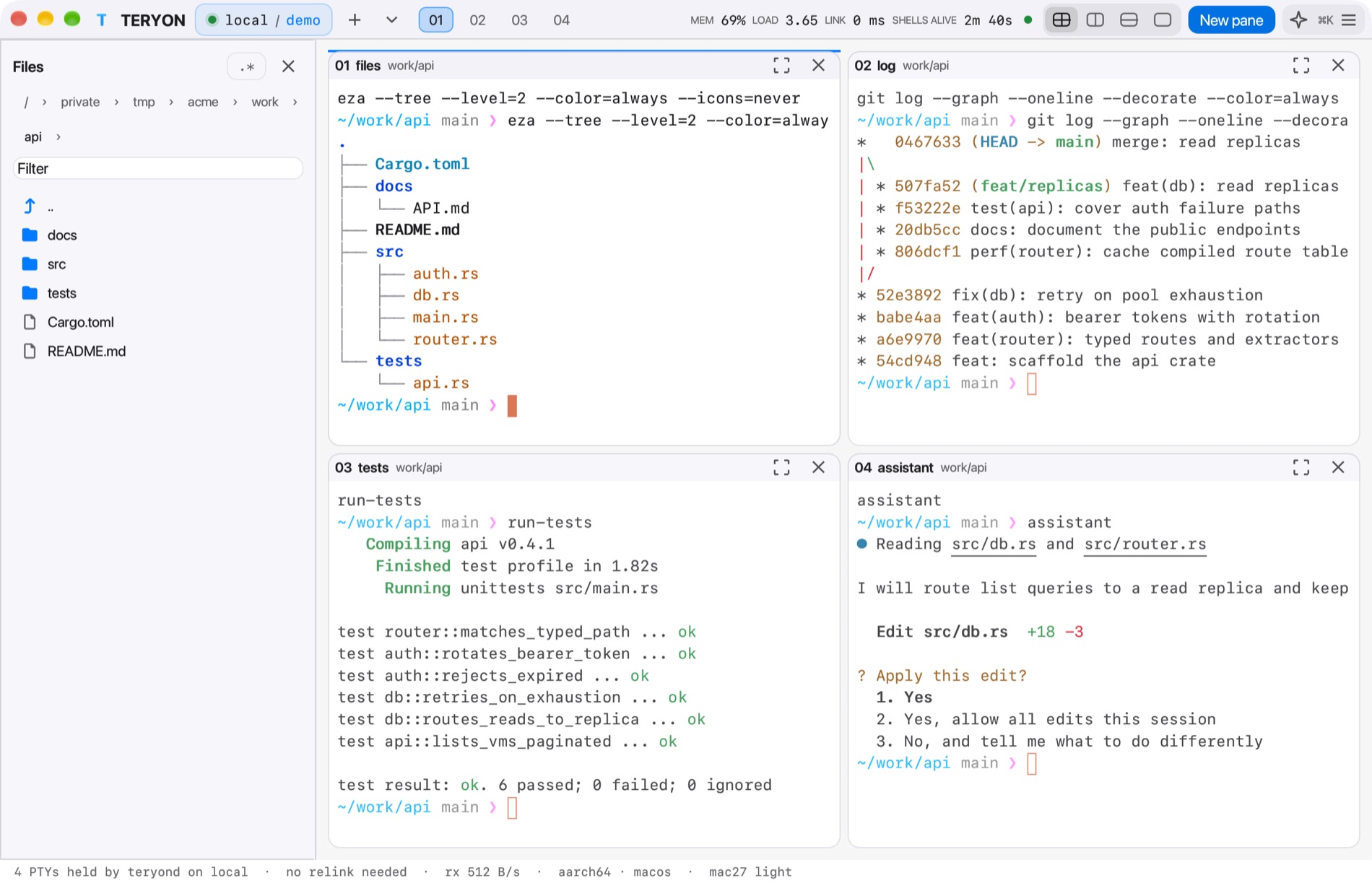 The TERYON file browser sidebar next to four panes, Mac27 Light