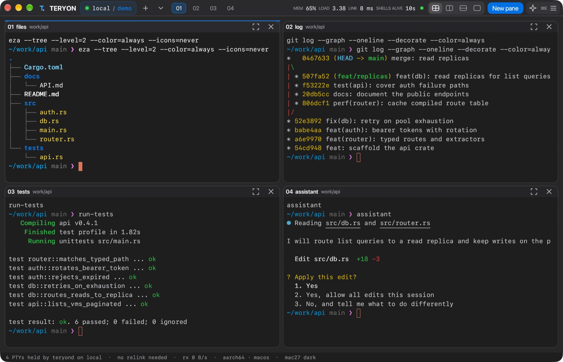TERYON desktop app in the Mac27 Dark theme with four panes: a file tree, a git log, test output, and an assistant asking for approval