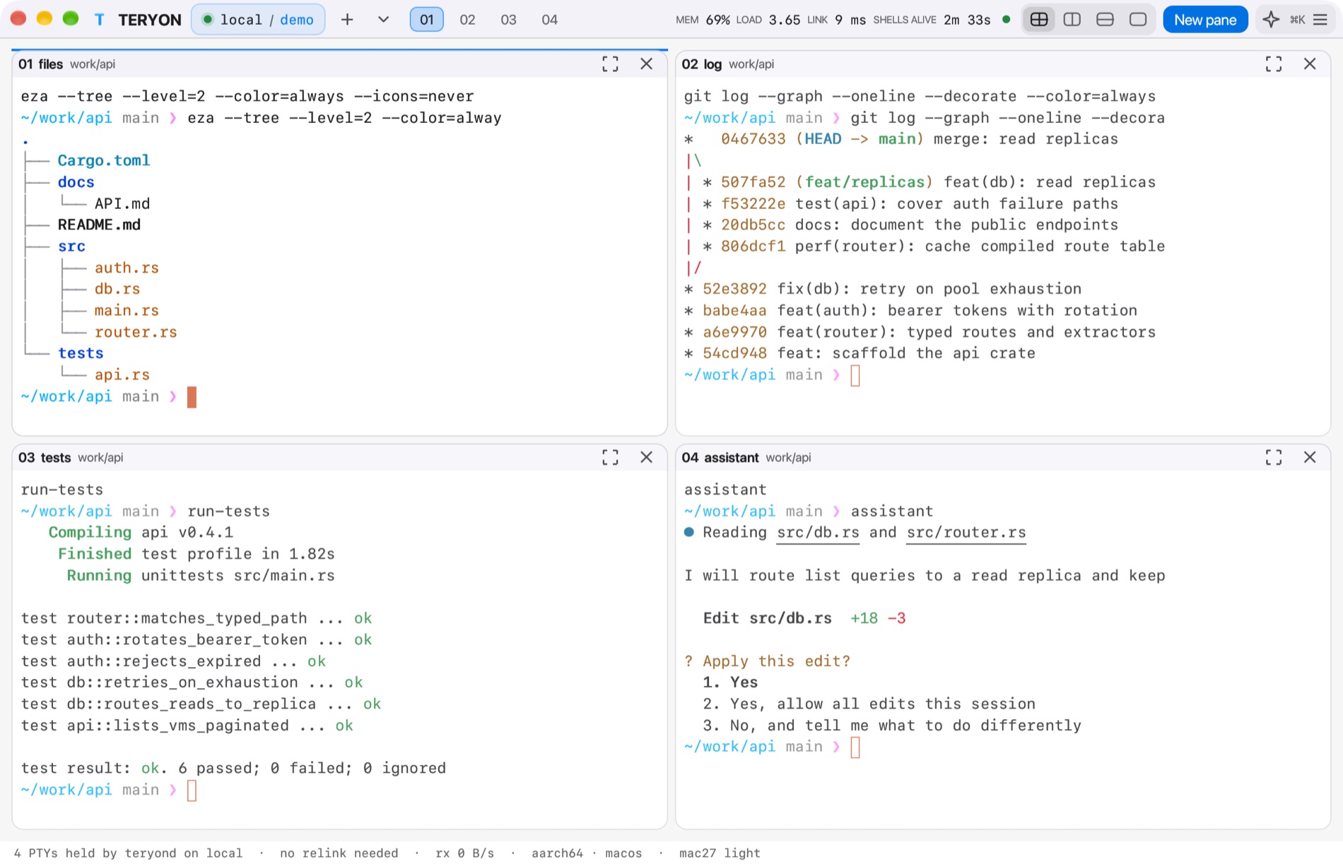 TERYON desktop app in the Mac27 Light theme with four panes