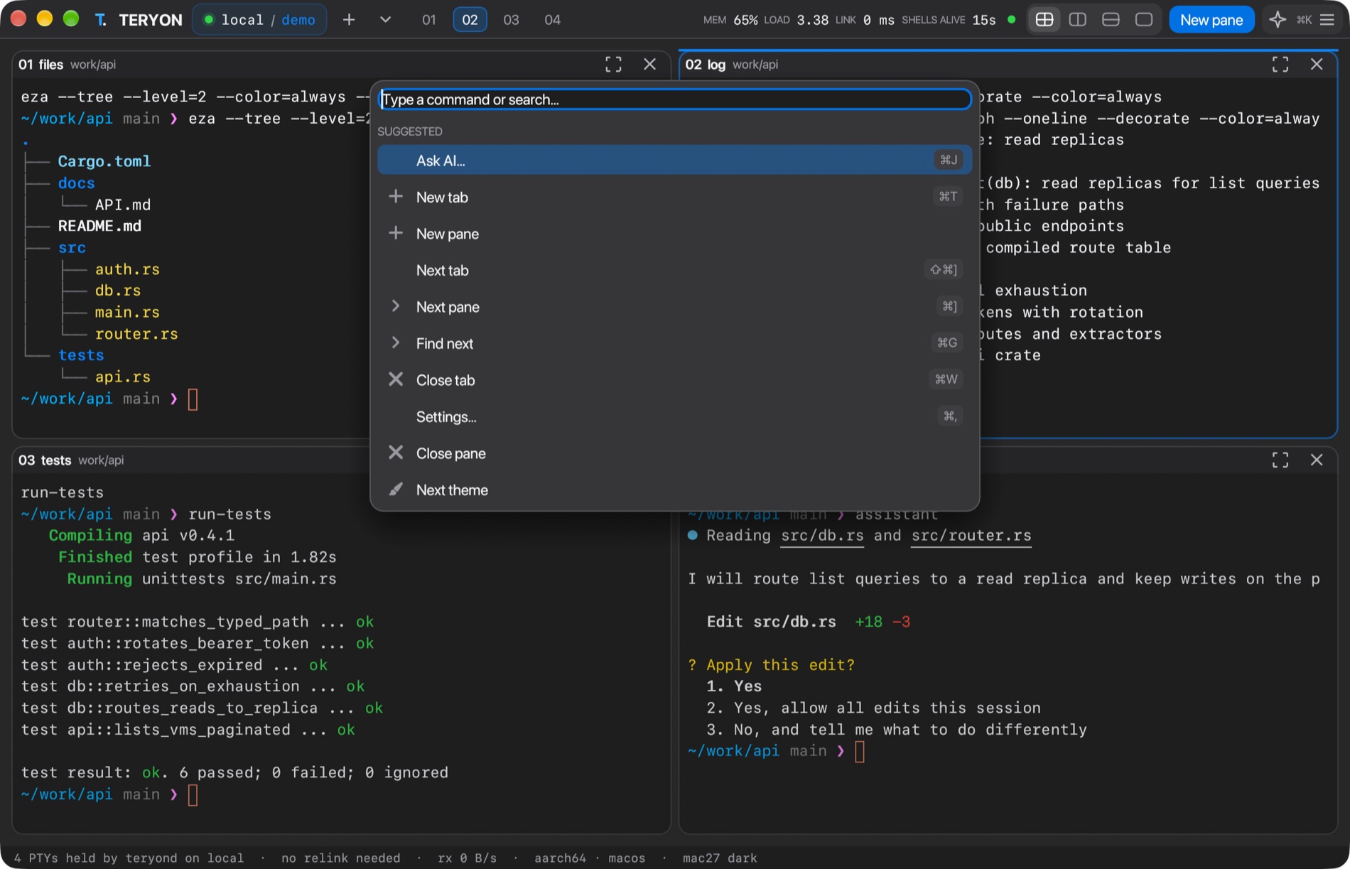 The TERYON command palette open over four panes, Mac27 Dark