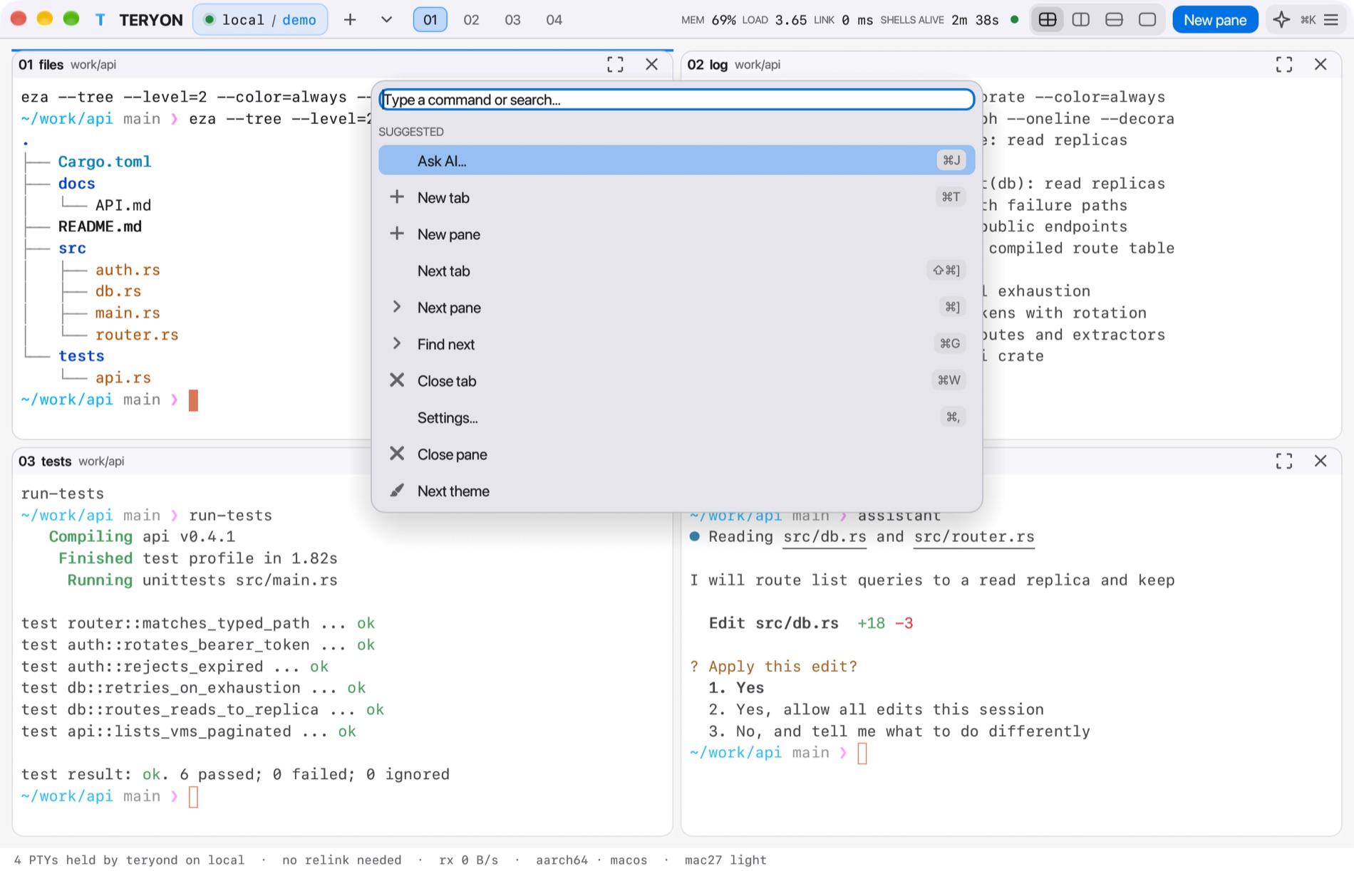 The TERYON command palette open over four panes, Mac27 Light