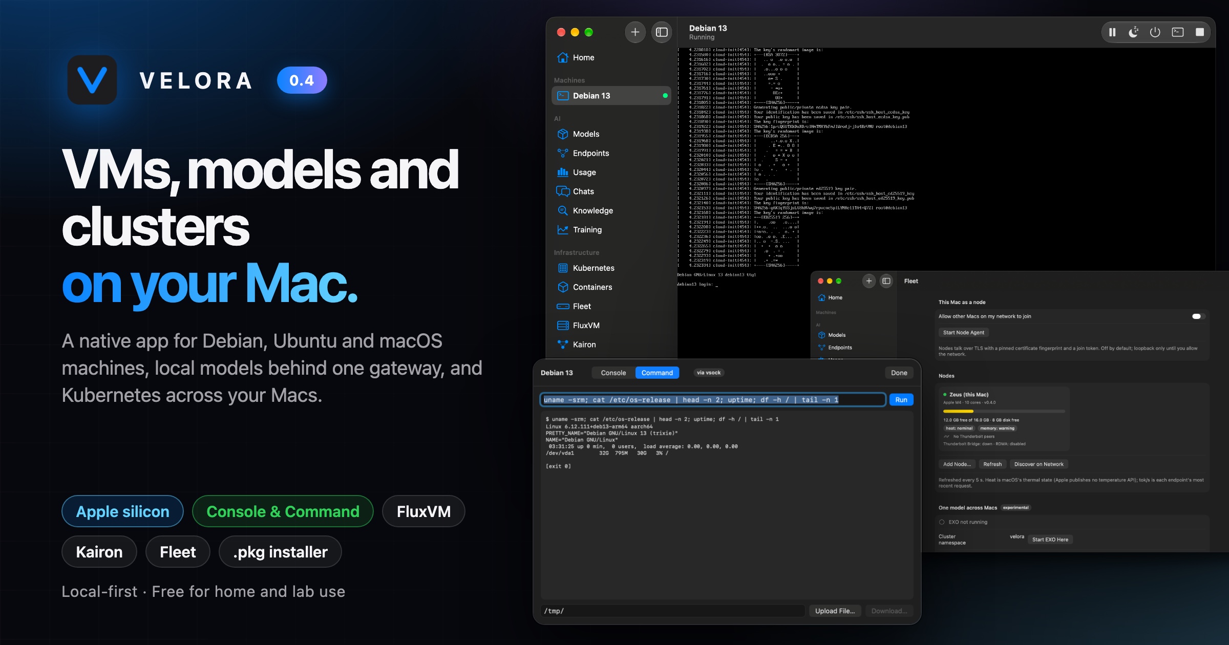 Velora 0.4: VMs, models and clusters on your Mac, with a running Debian 13 machine, the Fleet screen and Console & Command
