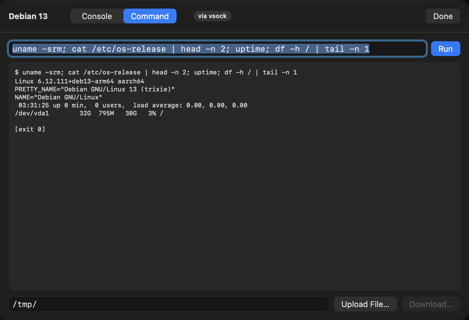 Console & Command running uname, os-release, uptime and df in a Debian 13 guest over vsock