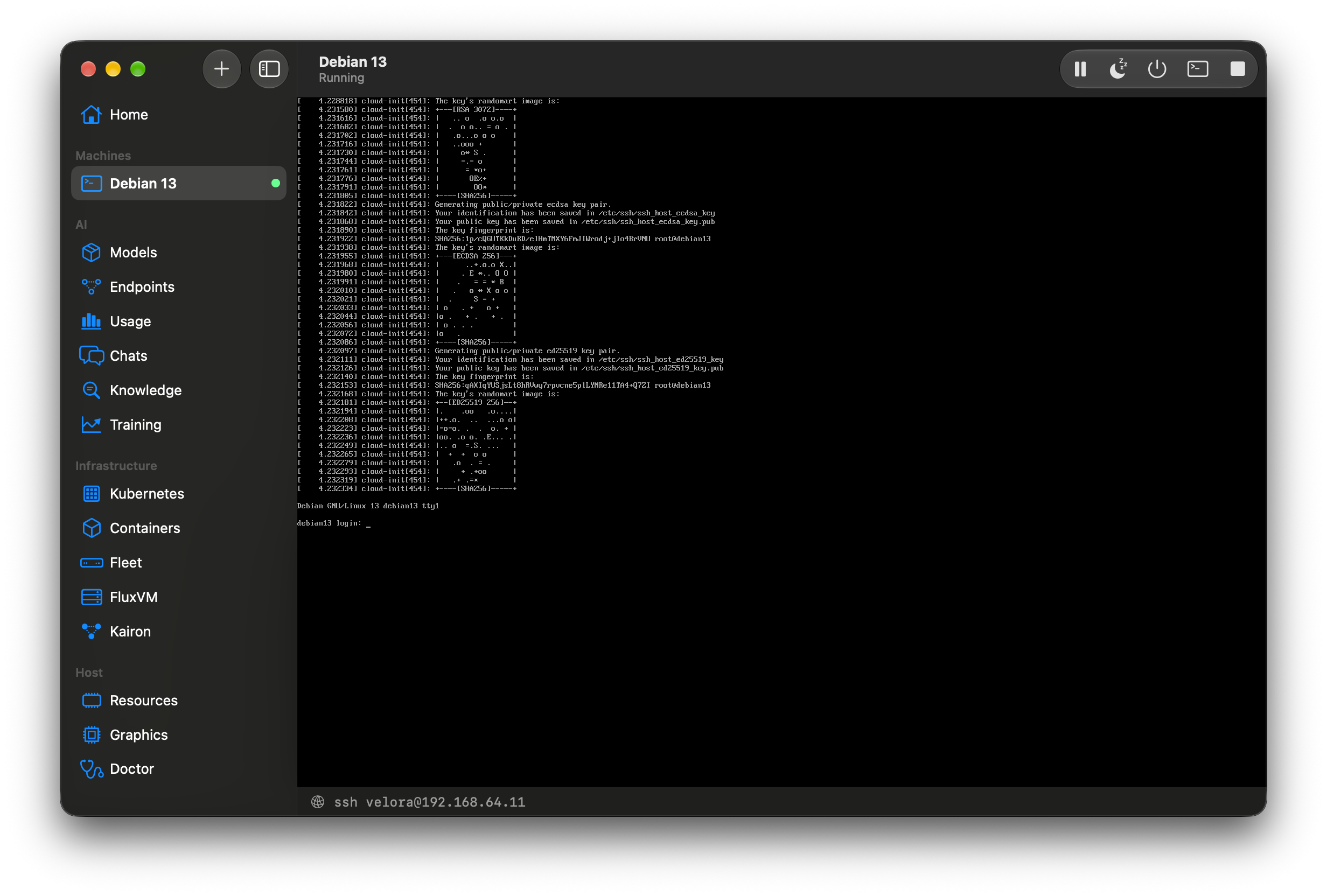 Velora: Debian 13 running, dark appearance
