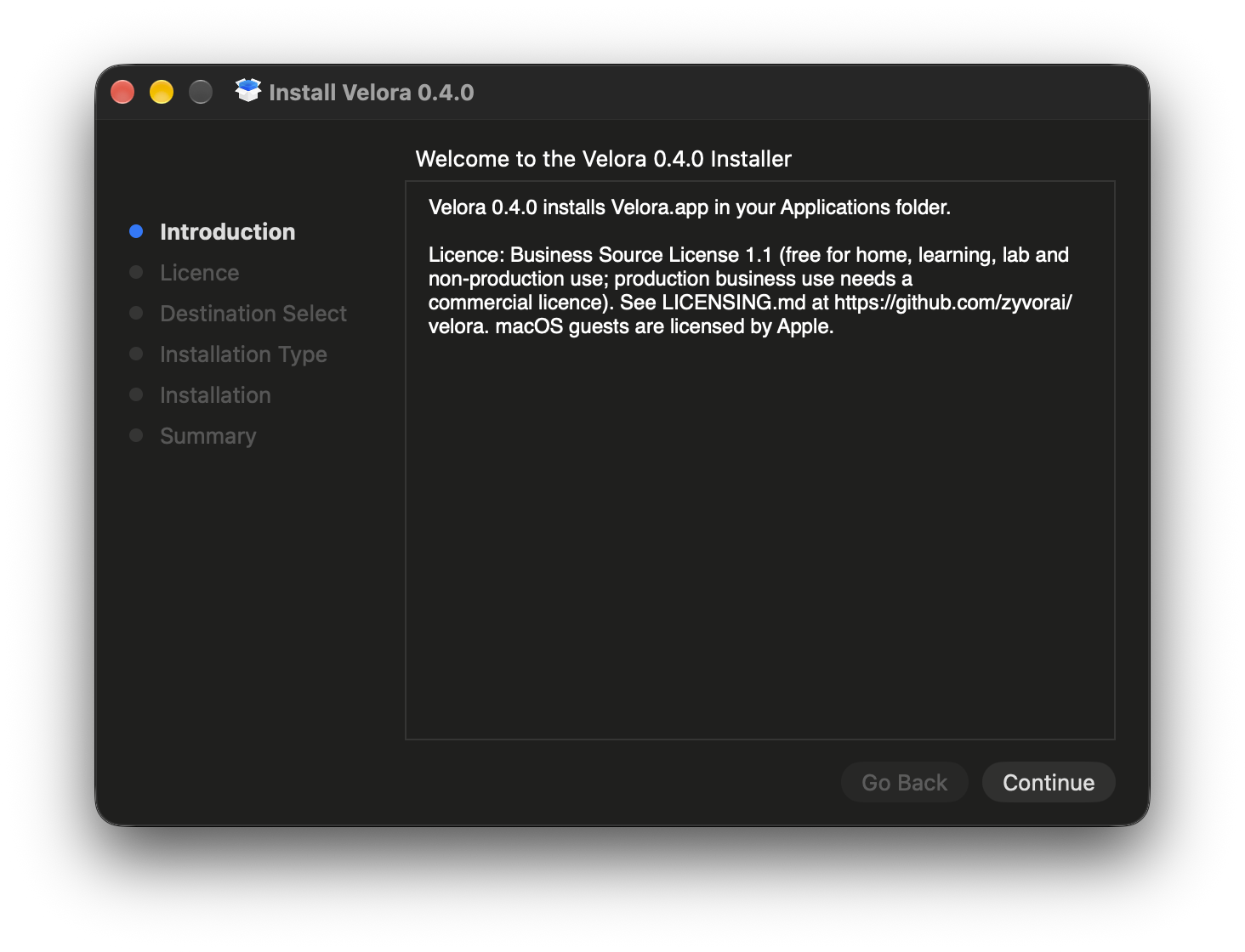 The Velora 0.4.0 installer package, Introduction step