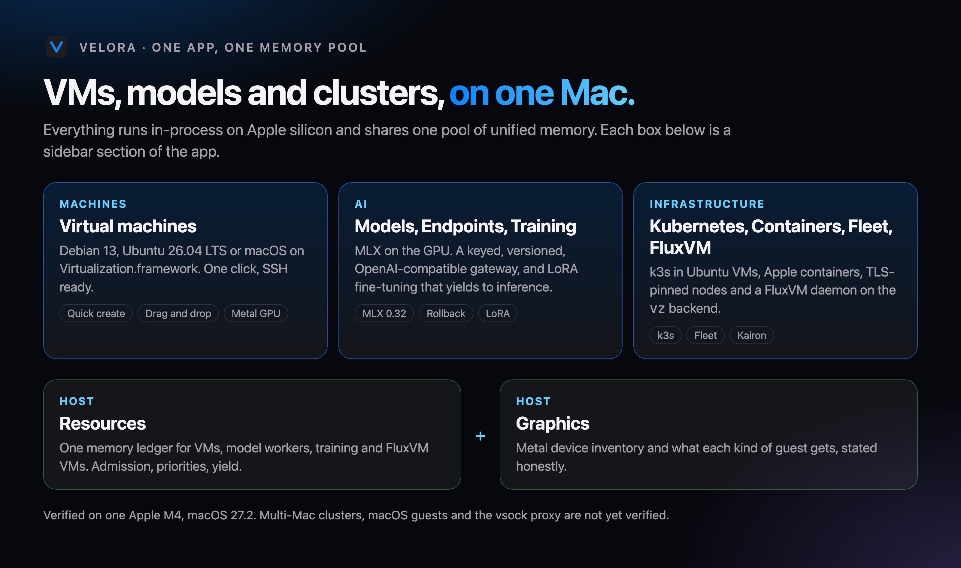 Virtual machines, models, endpoints, training, Kubernetes, containers, fleet and FluxVM in one app sharing one memory pool.