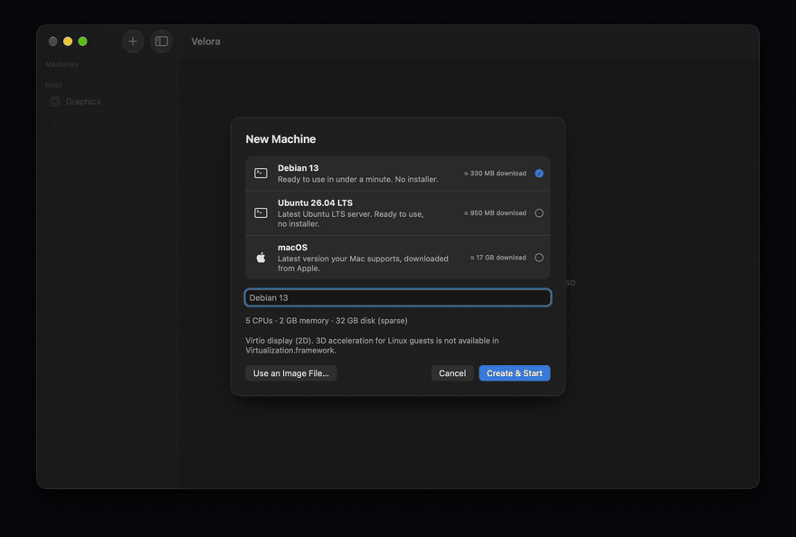 Velora: new machine, the image is prepared, the guest boots, the ssh address appears