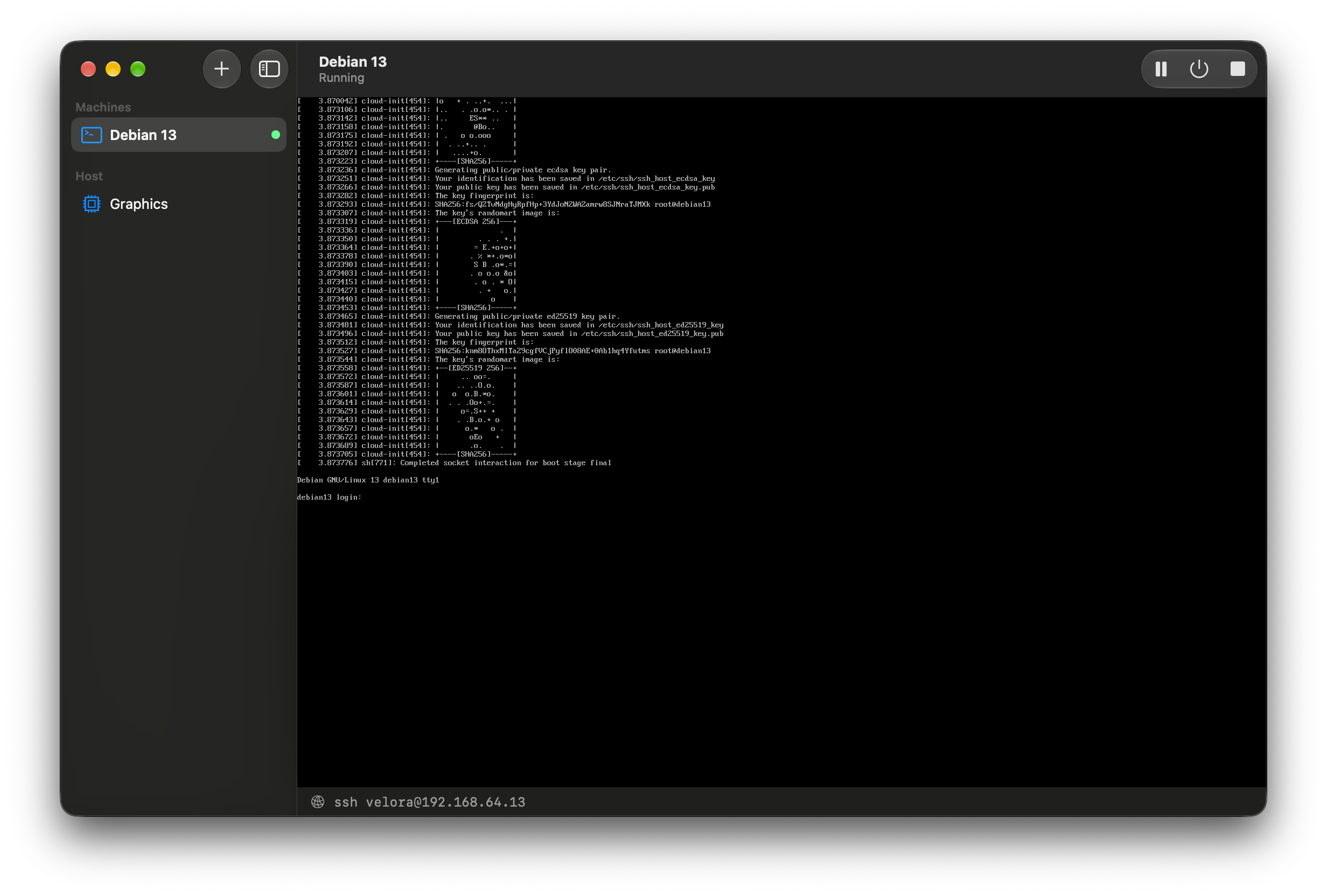 A Debian 13 guest on Virtualization.framework, captured on an Apple M4 running macOS 27