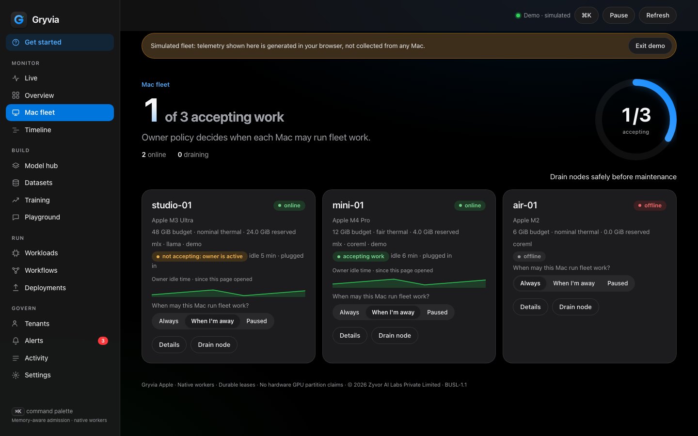 Fleet: owner policy and whether each Mac is accepting work (dark, simulated fleet)