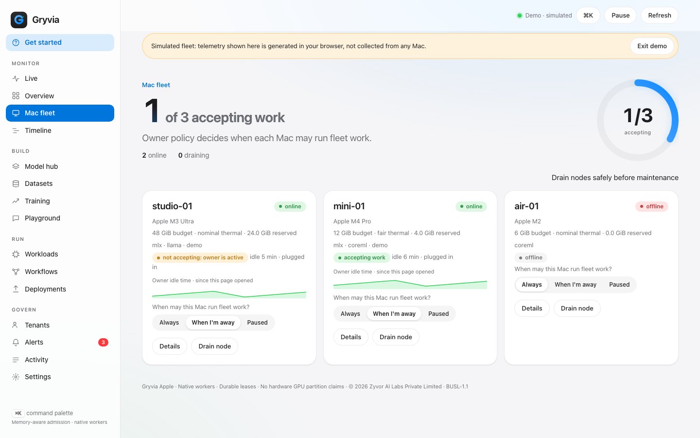 Fleet: owner policy and whether each Mac is accepting work (light, simulated fleet)