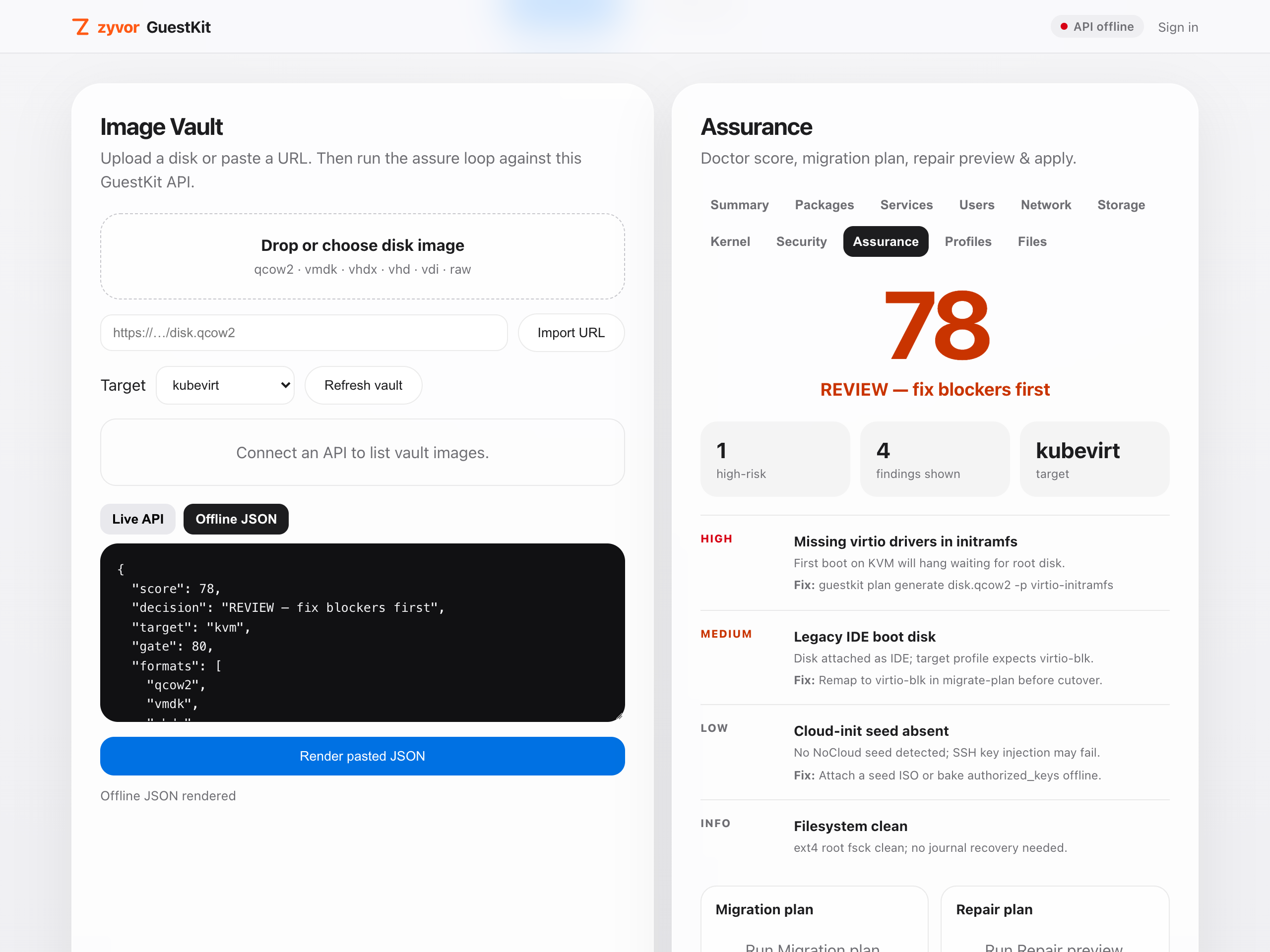 Assurance — doctor score 78, REVIEW decision, and ranked findings with a fix command each