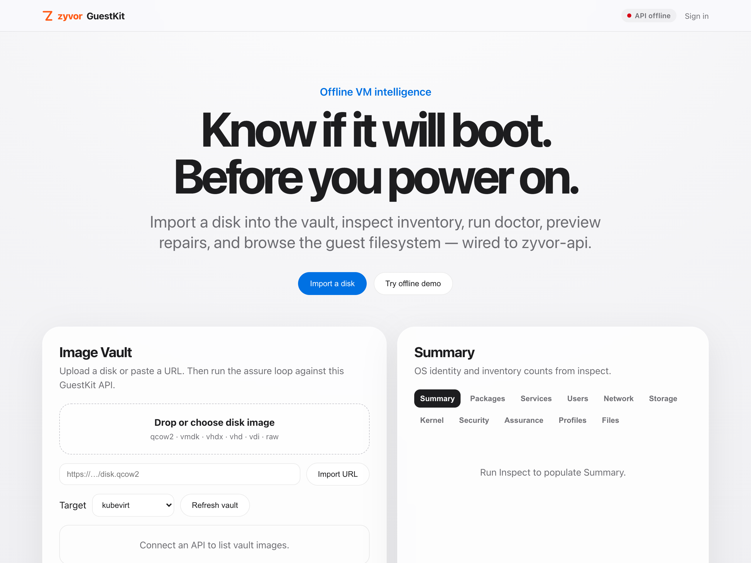 Landing — Image Vault: import a disk, or try the offline demo