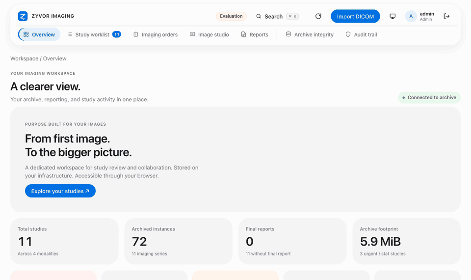 Short animated tour of the worklist, prior studies, de-identified export and image checks (synthetic data)