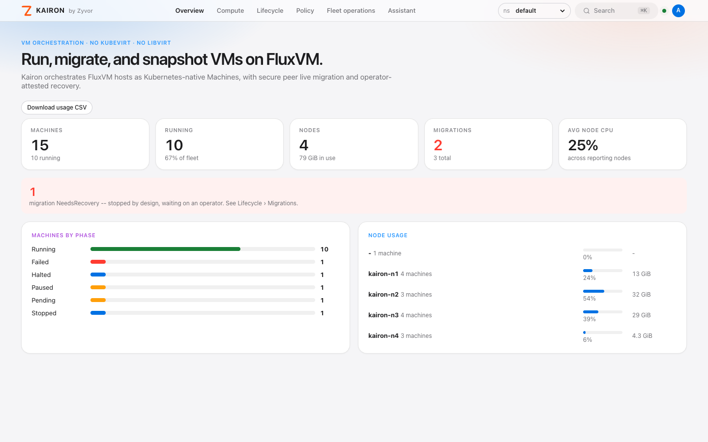 Overview: fleet health, phases and node usage