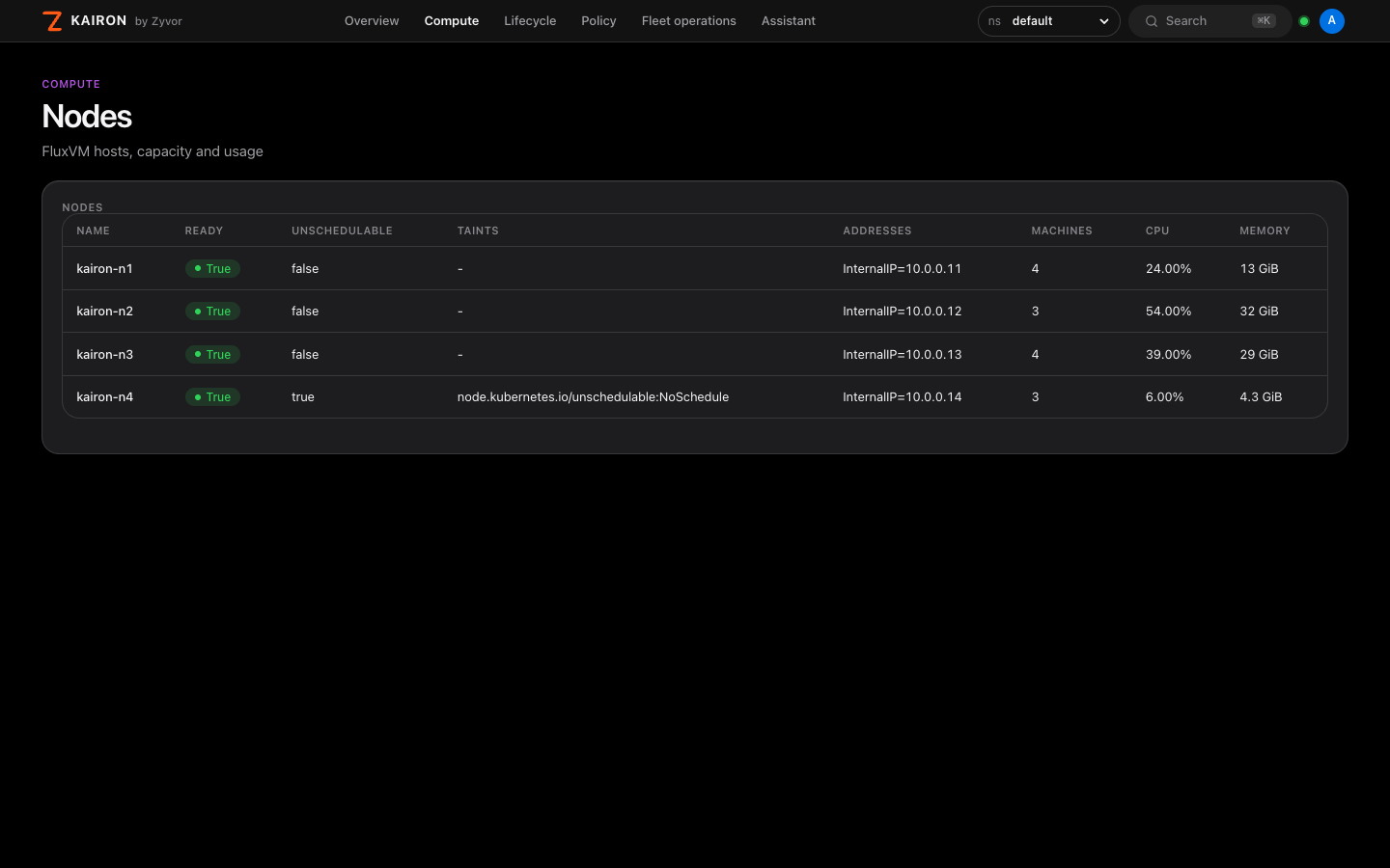 Nodes: capacity and usage