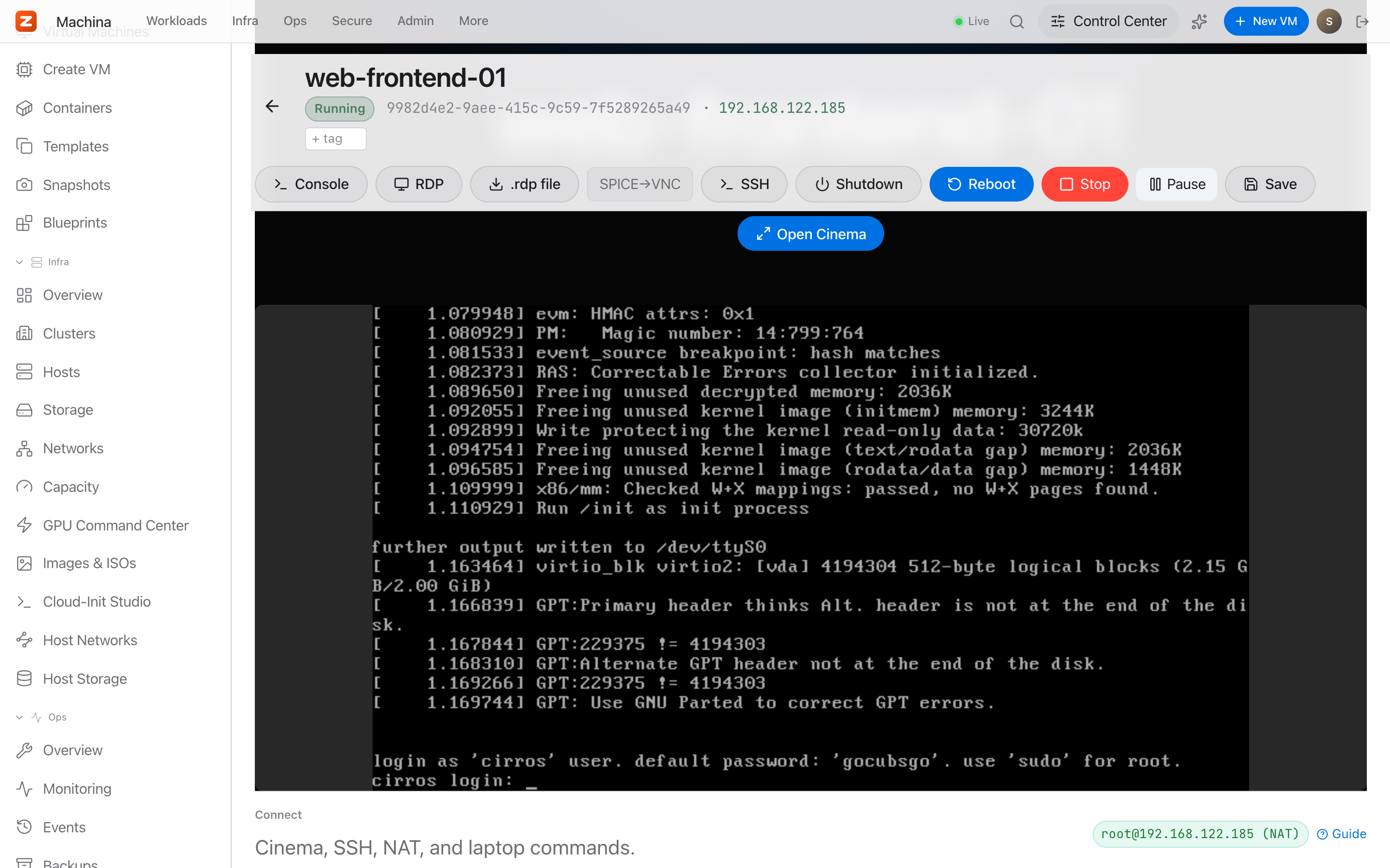 VM detail with live console