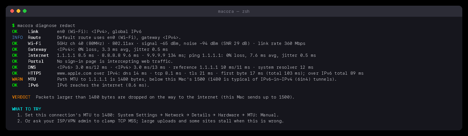 macora diagnose redact in a terminal: link, route, Wi-Fi, router, internet, DNS, HTTPS, path MTU and IPv6 checks with a verdict