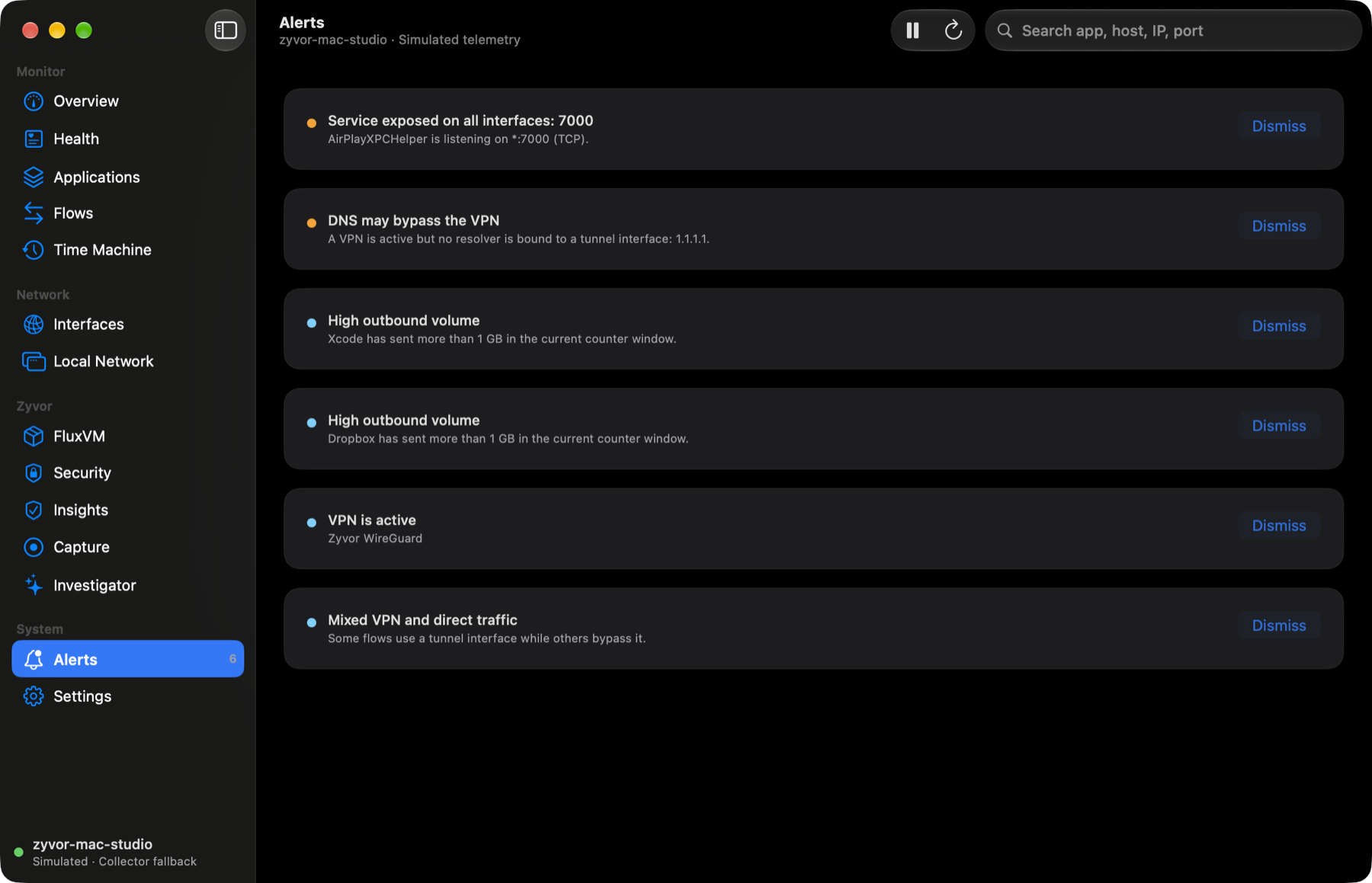 Nivora Alerts pane, simulated telemetry, dark appearance