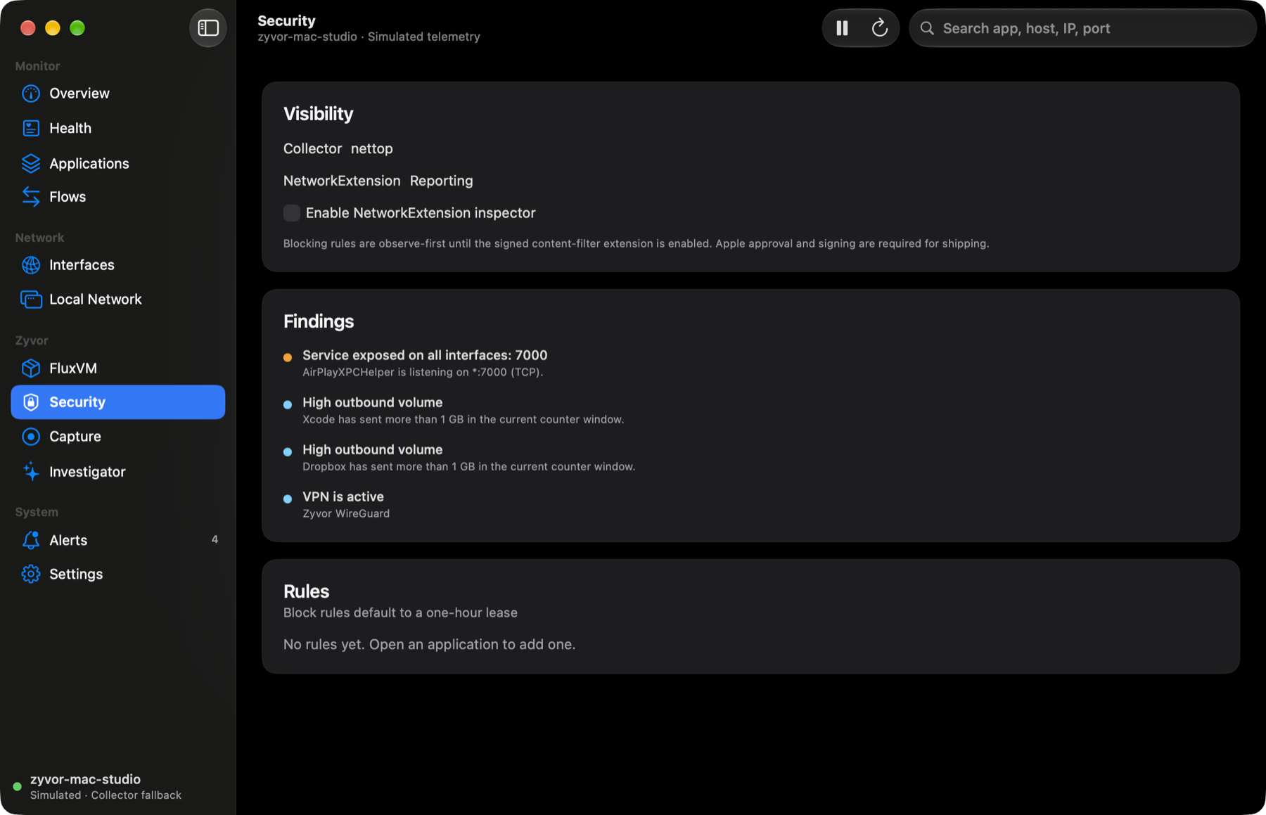Nivora Health pane, simulated telemetry, dark appearance