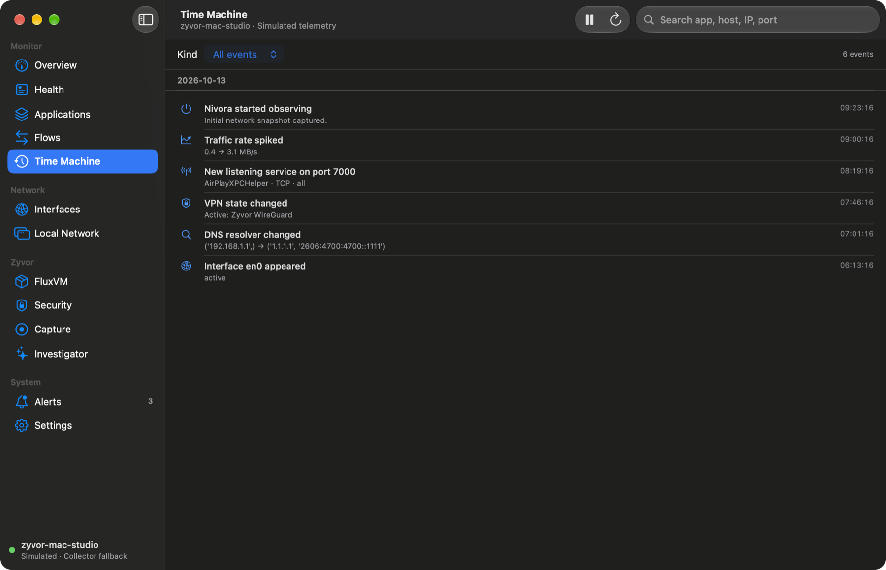 Nivora Time Machine pane, simulated telemetry, dark appearance