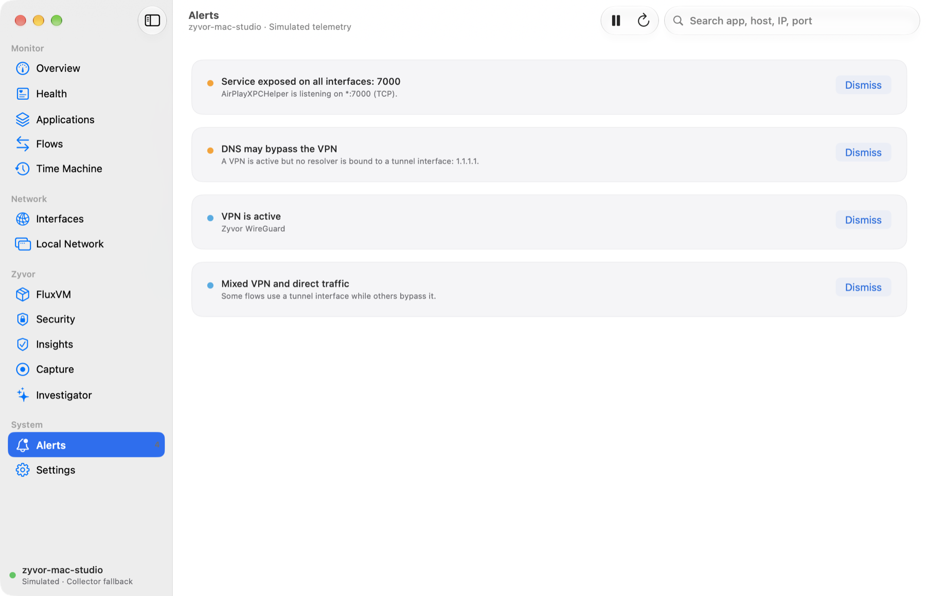Nivora Alerts pane, simulated telemetry, light appearance