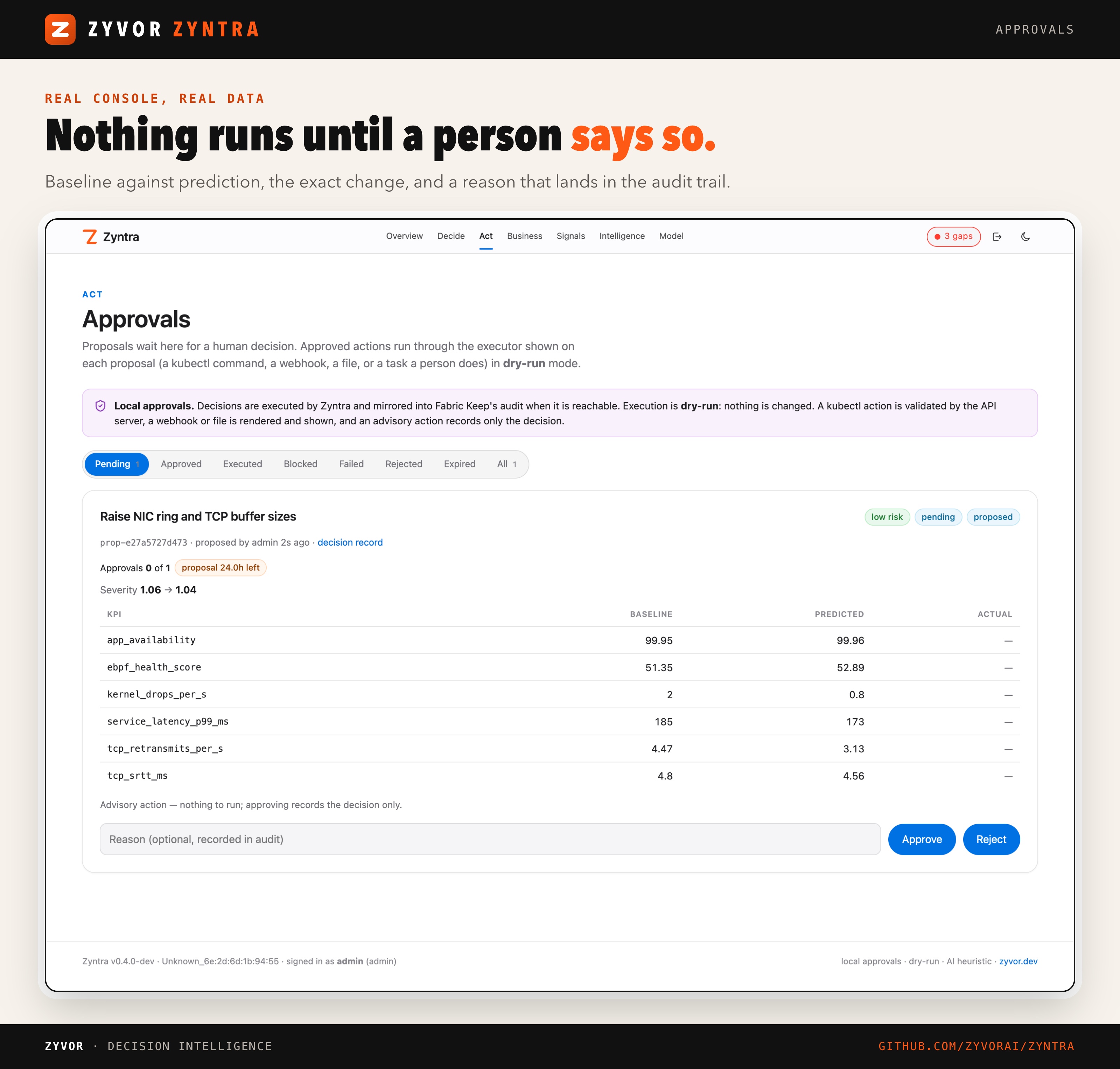 Approvals page showing the prediction and the exact change