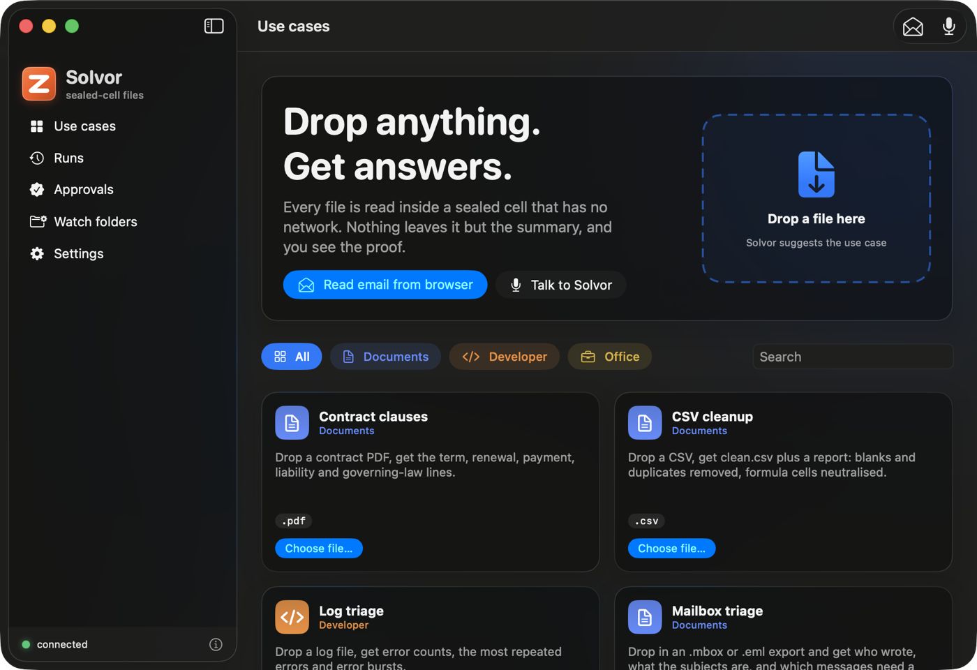 Solvor: drop a file, get answers, see the proof
